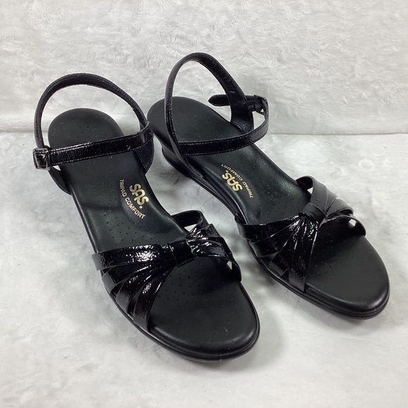 SAS Sandal Shoe Tripad Size 10 S Women Low 1.75" Heel Black Patent Leather - Picture 1 of 8